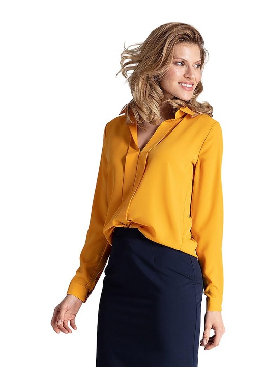 Bluza eleganta Figl M621, galben, maneci lungi, poliester/elastan/viscoza