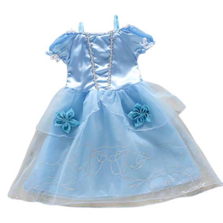 Set rochie fetite carnaval cu sclipici argintiu si brosa Mixbo, Printesa, Funda si Flori, satin/tul, 8-9 ani, albastru