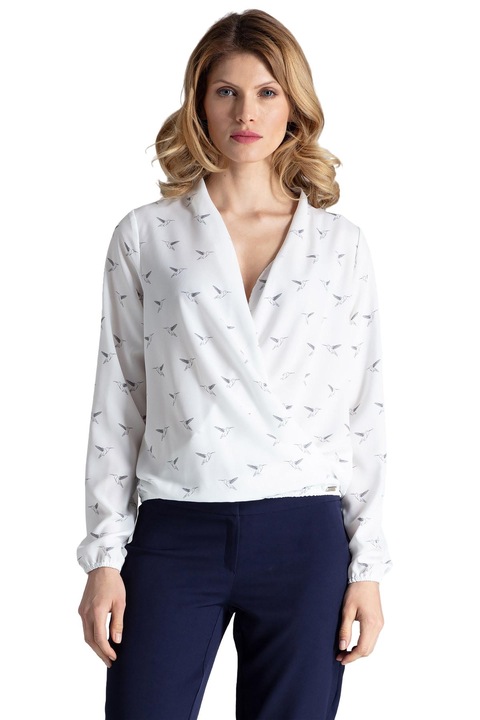 Bluza eleganta Figl M371, imprimeu cu pasari, alb, poliester