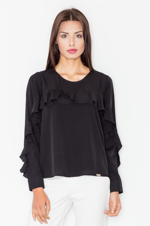 Bluza dama cu volane, Figl, Poliester/Elastan/Viscoza, Negru