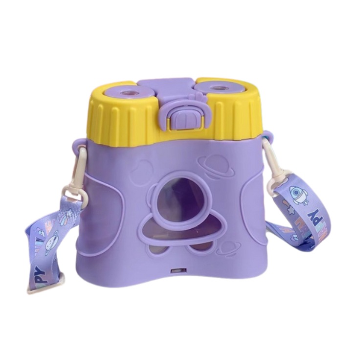 Детска бутилка за вода със сламка Mixbo, модел Бинокъл, стикери и презрамка, лилава