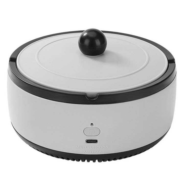 Többfunkciós hamutartó elszívással, OEM, USB töltés, légtisztítóval, füstelszívó hamutartó, 14,5 x 14 x 7,5 cm, szürke