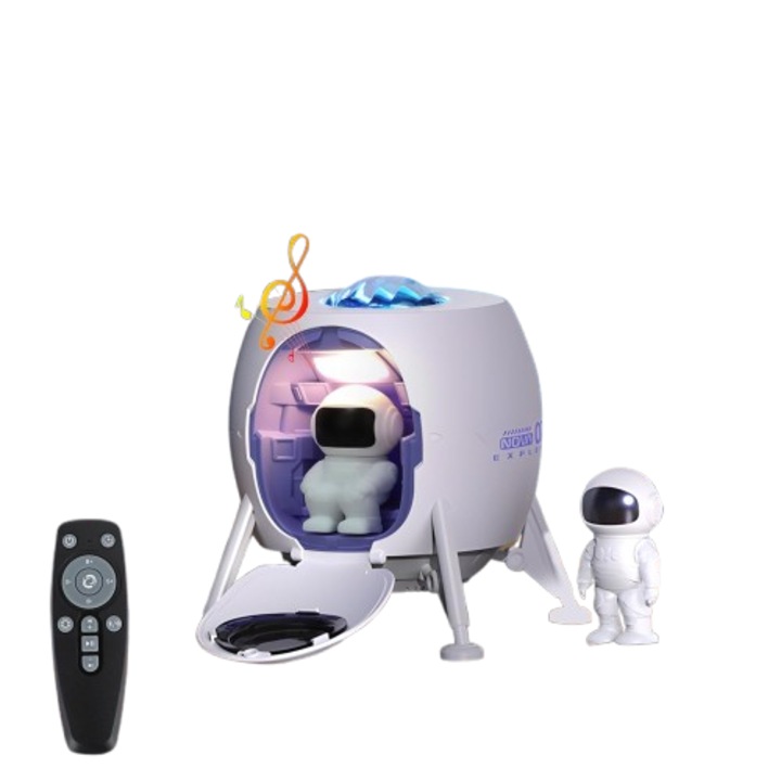 Proiector de stele astronaut cu functie lampa de veghe si difuzor Bluetooth, lumina de noapte cu sunete albe, telecomanda, temporizator, 5 niveluri luminozitate, multifunctional