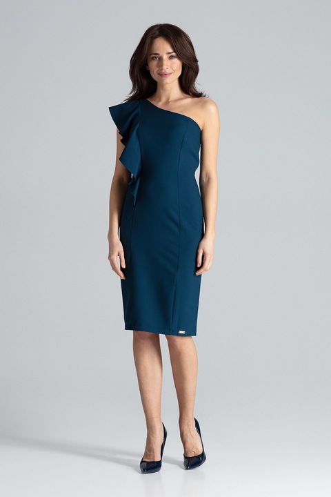 Rochie asimetrica Lenitif K488, cu volane, albastru, poliester 100%, XL INTL