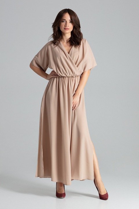 Rochie lunga Lenitif L055, eleganta, cu talie elastica, bej, poliester 100%, 2XL INTL