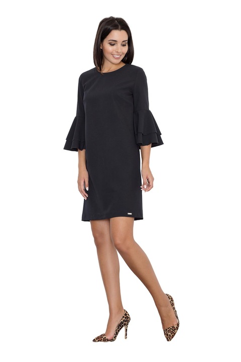 Rochie neagra Figl M564, cu volane, maneci 3/4, poliester/viscoza, negru