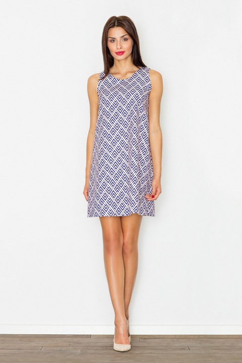 Трапецовидна рокля Figl, геометричен модел, полиестер, синьо, бяло, S INTL