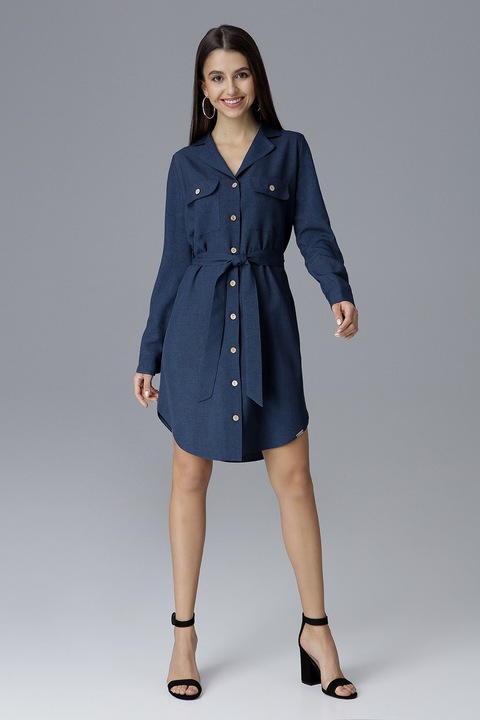 Rochie, Figl, bleumarin, cu centura, cu nasturi, poliester, L INTL