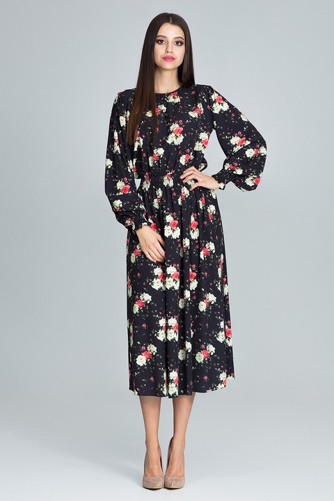 Rochie lunga Figl M600, florala, neagra, din poliester, cu maneci lungi, S-M INTL