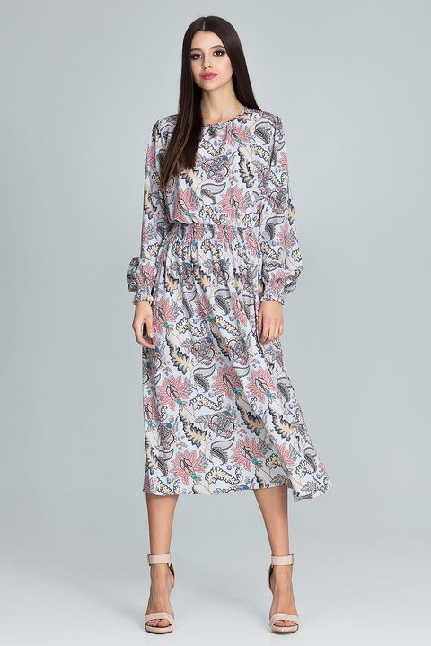 Rochie Figl M600 79, imprimeu floral, lungime midi, maneci lungi, multicolor, poliester, S-M INTL