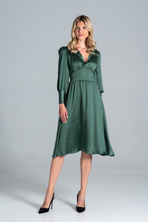 Rochie midi Figl, verde, Poliester, maneca lunga, croi evazat