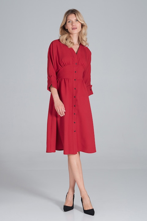 Rochie midi Figl M843, maneci 3/4, decolteu in forma de inima, burgundy, poliester