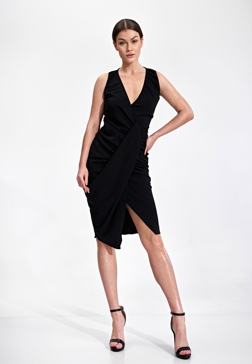 Rochie de seara asimetrica Figl M858, cu volane, neagra, poliester-elastan