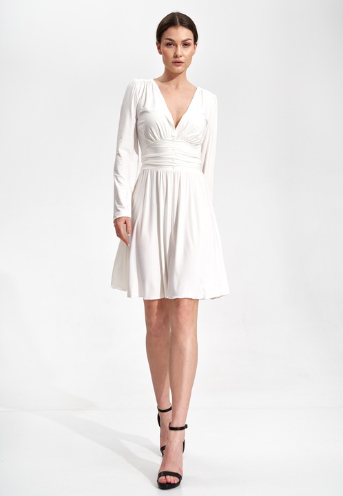 Rochie eleganta Figl M861, ecru, maneci lungi, croiala evazata, poliester 95% elastan 5%, XL INTL