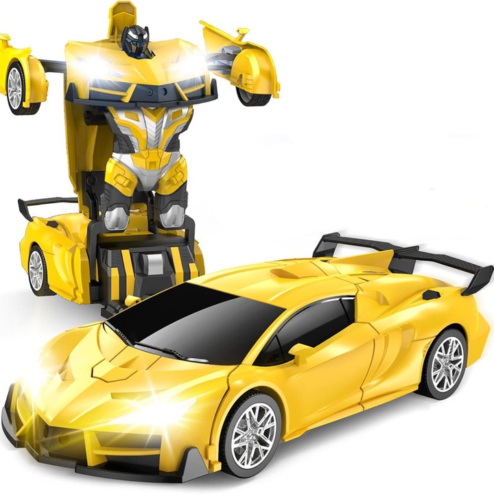 Masina cu telecomanda transformabila in robot, cu rotatie 360°, transformare cu un buton, lumini LED, 2.4GHz, jucarie pentru copii, cadou ideal pentru baieti si fete