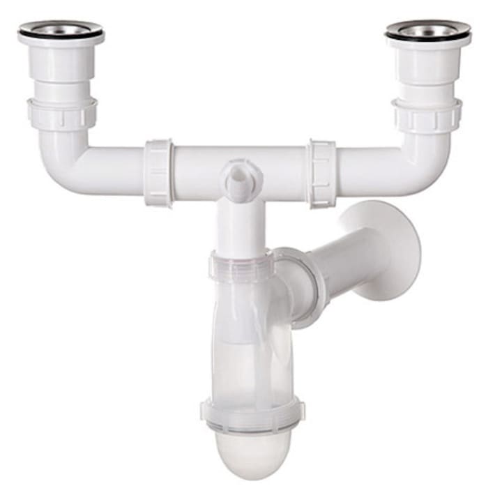 Прозрачен сифон за двойна мивка + връзка за съдомиялна машина