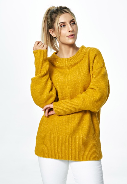 Pulover supradimensionat, Figl, galben, tricotaj cu lana, decolteu barca, One Size INTL