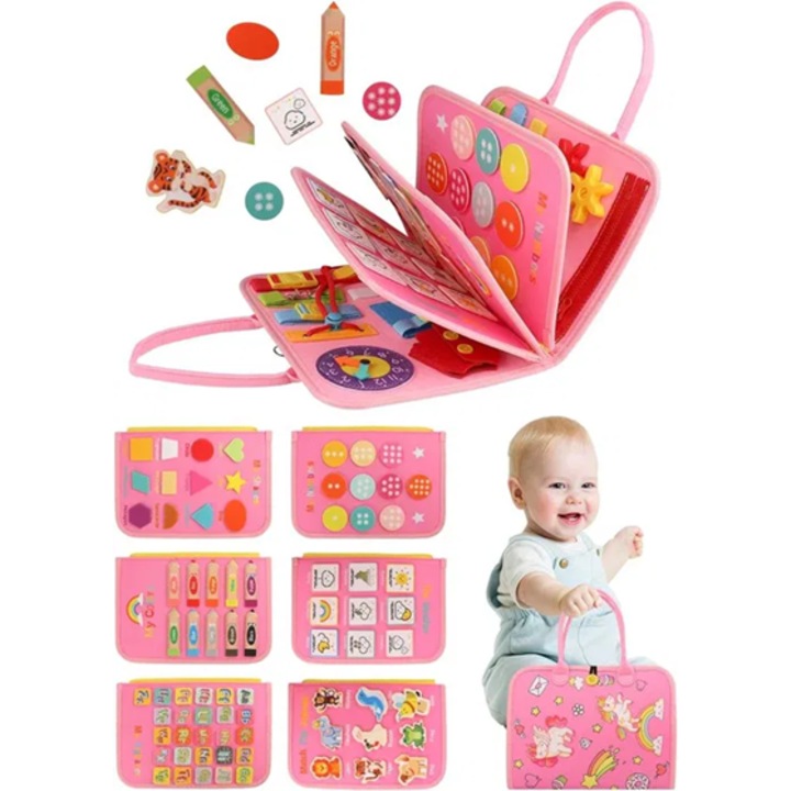 Foglalkoztató tábla, Montessori interaktív könyv, szórakoztató játék, tanulótábla, finommotoros fejlesztés, ajándék gyermeknek, fiú, lány, születésnap, különleges igényűek, érzékszervi készségek - 8 oldal, 91 tevékenység, rózsaszín, finomságok