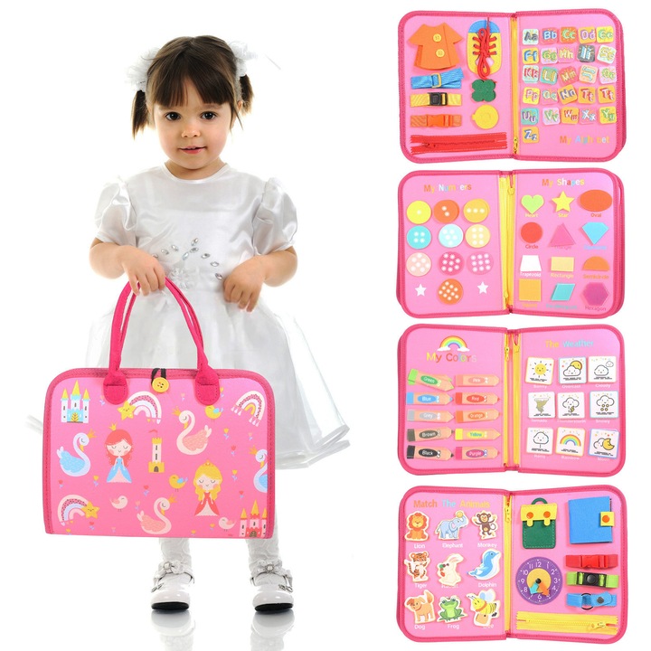 Бизиборд, Интерактивна книжка Монтесори, Занимателна игра, Дъска за учене, Развитие на фина моторика, Подарък за дете, Момче, Момиче, Рожден ден, Специални потребности, Аутизъм, Сетивни и когнитивни умения - 8 страници, 91 активности, Розов, Принцеси