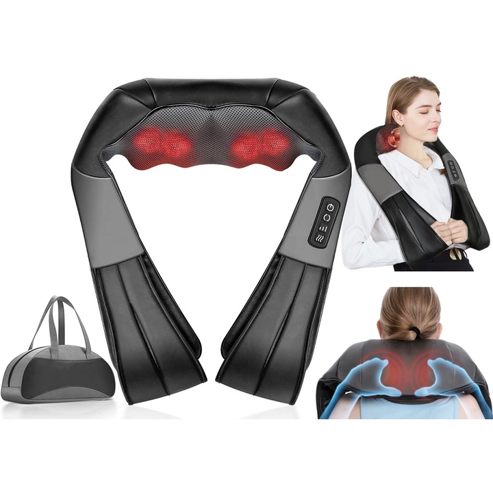 Aparat Profesional pentru Masaj RELAXO™ Perna Electrica 4D, Caldura Terapeutica si Vibromasaj, 8 Puncte de Masaj, 3 Viteze, Intensitate Reglabila, pentru Gat, Spate, Umeri, Picioare, Abdomen, Acasa/Birou/Masina, Silentios, Geanta Transport, Black