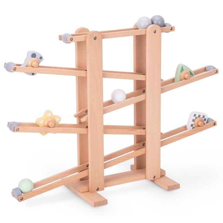 Set Pista De Marbles Din Lemn Cu Elemente Rotative, Mamabrum, Mam114 Marble Run, Jucarie Fabricata Din Material Ecologic, Lemn De Inalta Calitate Pentru Durabilitate, Culori Naturale, Potrivita Pentru Copii Peste 18 Luni, 70x23x50 cm, Multicolor