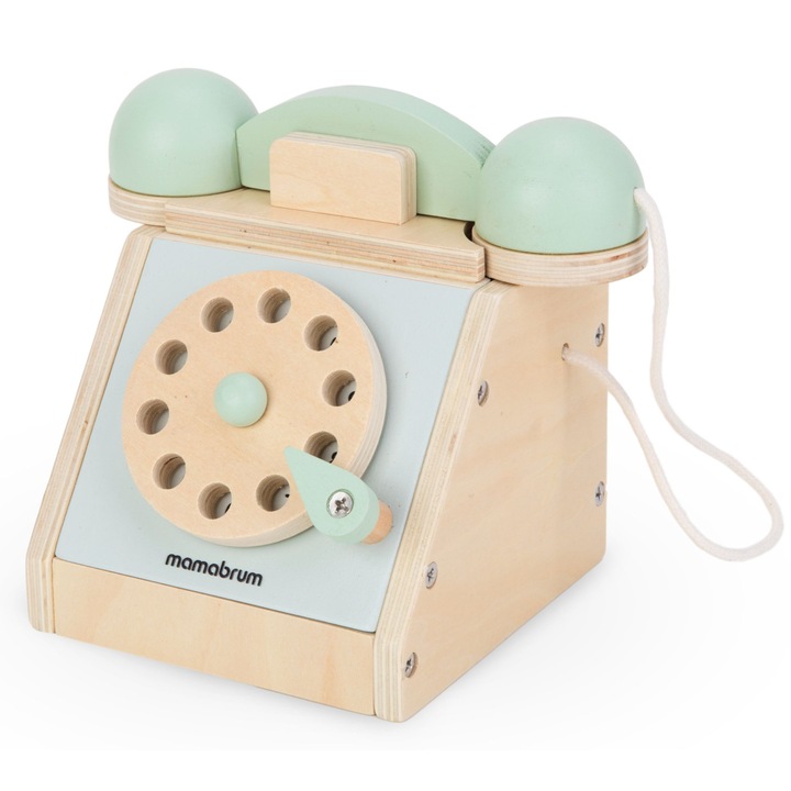 Telefon Retro Din Lemn, Mamabrum, Mam109 Telefon Albastru, Fabricat Din Material Natural, Disc Mobil, Receiver Conectat La Aparat Printr-Un Fir, Jucarie Potrivita Pentru Copii Peste 3 Ani, 17x12x14 cm, Menta