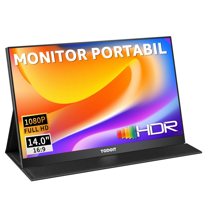 Преносим монитор, HDR технология, FULL HD, 14 инча, IPS дисплей, ниско ниво на синя светлина, 1080P, оборудван с USB-C към A кабел, USB-C към USB-C кабел, Mini HDMI към HDMI кабел