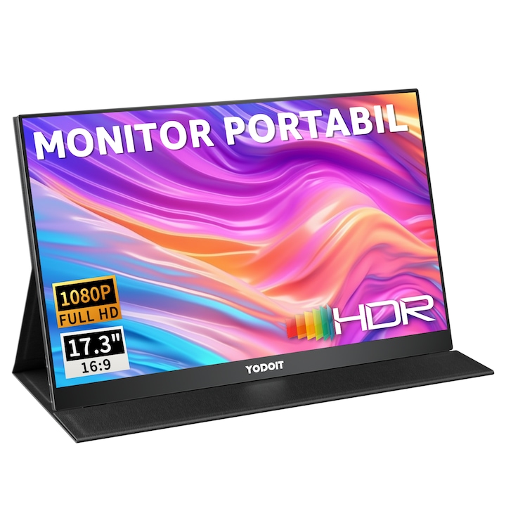 Преносим монитор, HDR технология, FULL HD, 17.3 инча, IPS дисплей, ниско ниво на синя светлина, 1080P, оборудван с USB-C към A кабел, USB-C към USB-C кабел, Mini HDMI към HDMI кабел