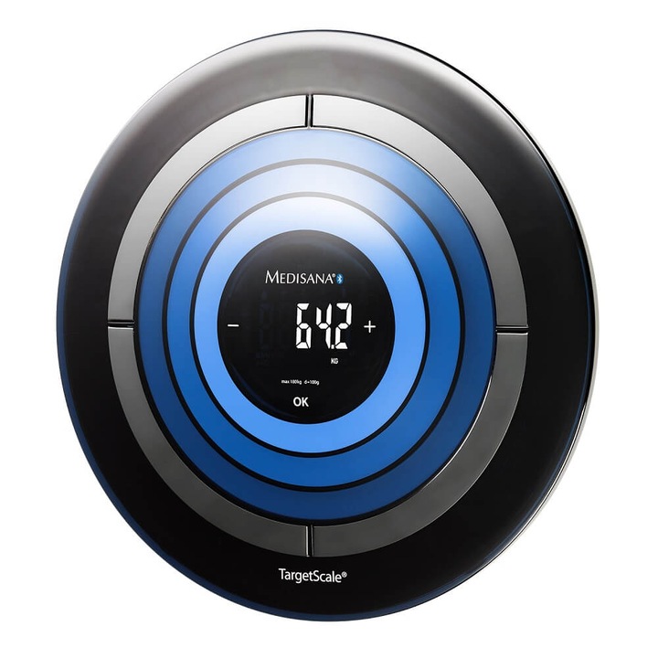 Дигитална везна анализатор Medisana TargetScale 3 BT, 180кг, Bluetooth, Android, Измерване на телесна маса, Костна маса, Мазнини, Вода в тялото, Мускулна маса, Калории, Черен