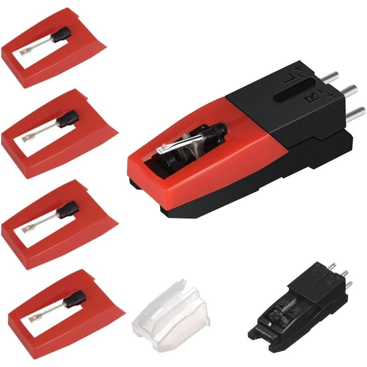 Комплект от 5 глави за възпроизвеждане и 1 касета със стилус, PsAyl®, Универсален, С предпазна капачка, За грамофон, за винилови плочи, Съвместим с повечето касетофони, Ruby stylus