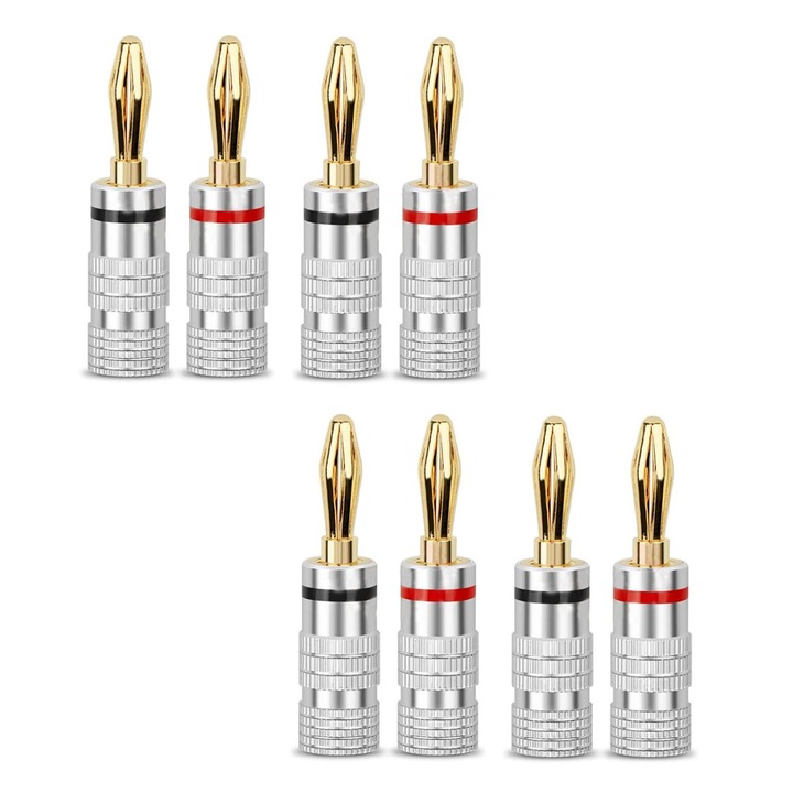 Set 8 Conectori Banana, PsAyl®, pentru cabluri de difuzor, 12-18 AWG, 4mm, Argintiu/Auriu