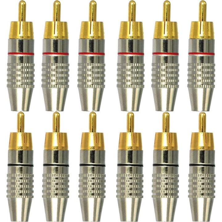 Set 12 Conectori RCA PsAyl, Metal, Negru/Rosu, 5.5x2.1mm, 200W