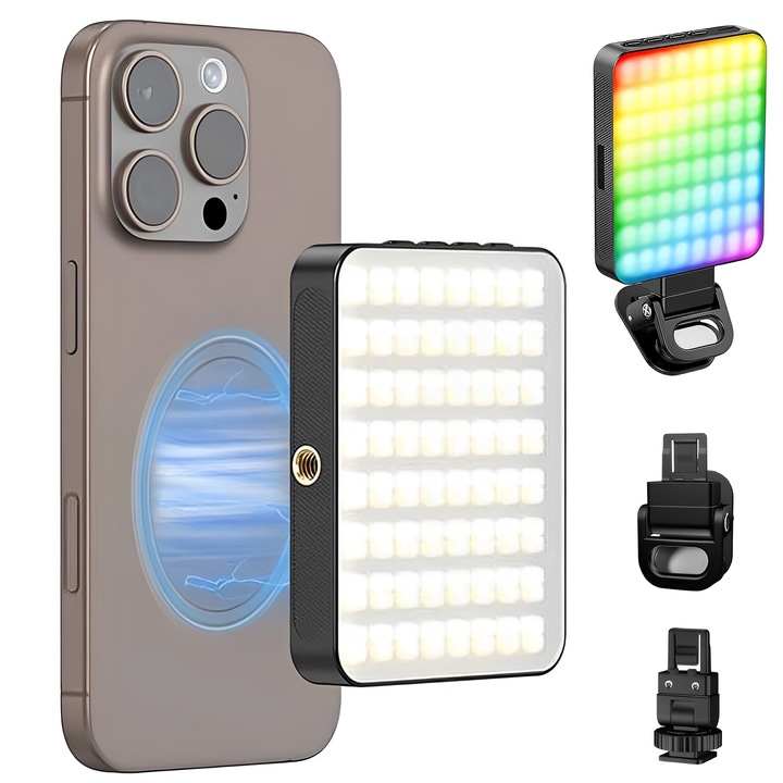 Videó - Fotó RGB LED lámpa, mágneses funkcióval, BYONDSELF®, mobiltelefon-csipesszel és vakupapuccsal, folyamatos színhőmérséklet 3000K-6500K, 2000 mAh, alkalmas fényképezőgépekhez, videokamerákhoz, GoPro és mobiltelefonokhoz
