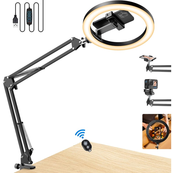 Lampa Circulara Profesionala, 25cm Ring Light, BYONDSELF®, Clema de Brat Metalic, Flexibil, 3 Moduri de Lumina, 10 Trepte Reglaj, cu Telecomanda si Suport pentru Telefon de Birou, pentru Vlog, Inregistrare Video, Alb