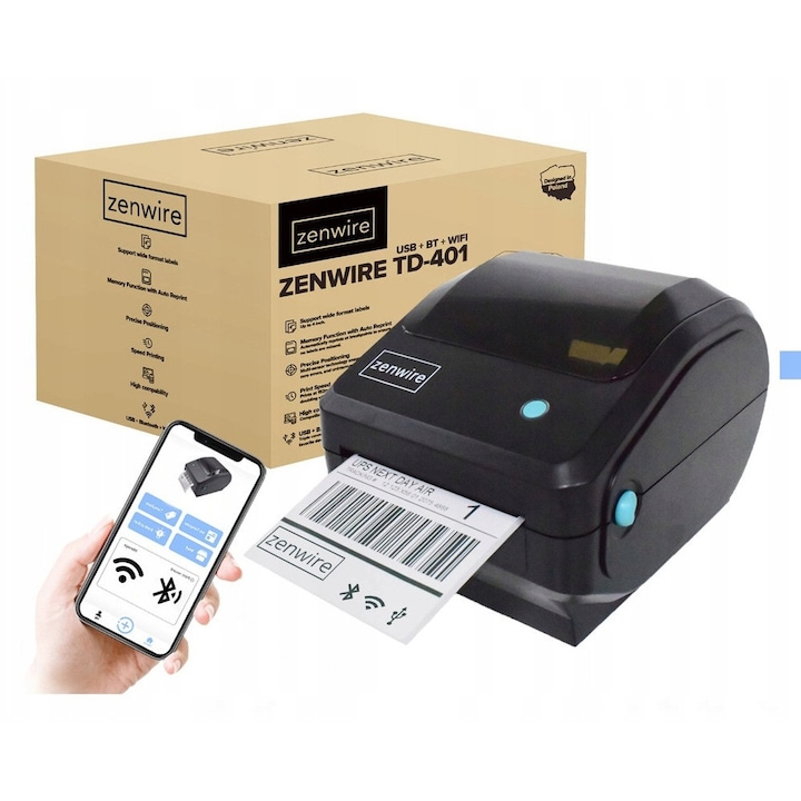 Мини термопринтер, Zenwire, TD-401, WiFi, Bluetooth, USB, Принтер за етикети, Скорост на печат до 152 мм/сек, 203 DPI, размер на хартията от 30 мм до 114 мм, Съвместим с Windows, Mac, Linux, Android, IOS