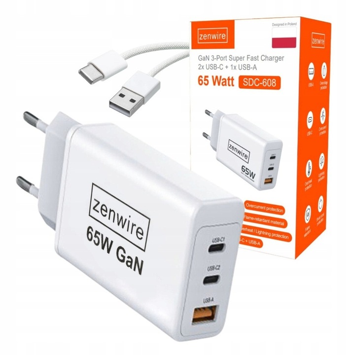 Incarcator Fast Charge 65W, Zenwire, SDC-608, Incarcator Retea 2x USB-C USB-A, Universal Multiport, Compatibil telefon, smartwatch, iPhone, Huawei, Samsung, Xiaomi, Negru