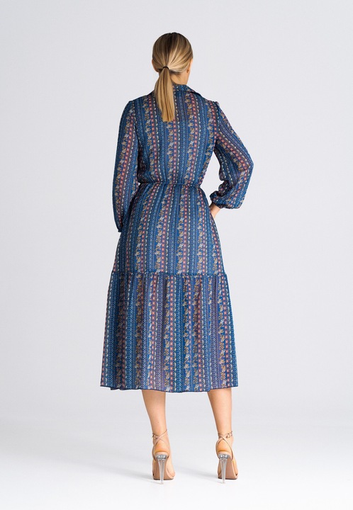 Rochie maxi Figl M942, florala, albastru, cu maneca lunga, din poliester, S-M INTL