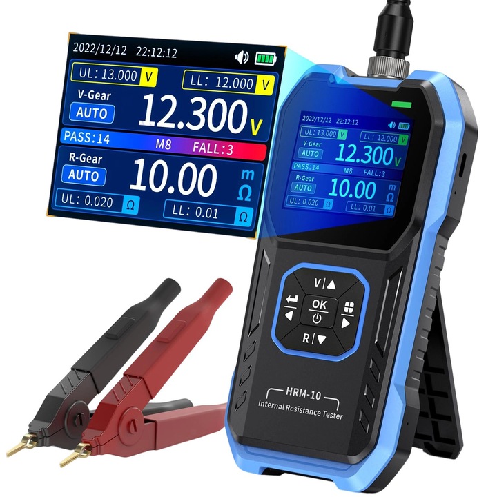 Tester de rezistenta interna a bateriei de tensiune, HRM-10, Pastrati automat inregistrarile, Potrivit pentru multe tipuri de baterii, Masurare precisa, Afisaj color TFT HD, Cu clip Kelvin, Type-C, Orber, ABS, Albastru