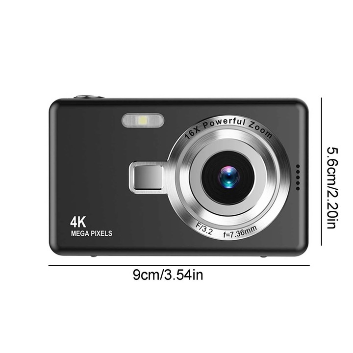 Fokelyi digitális fényképezőgép, 16x zoom, 48MP, 2,4 hüvelykes LCD kijelző, fekete, 9,5x5,6x2cm
