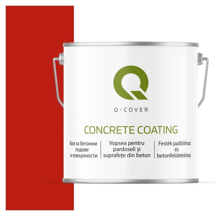 Vopsea pentru pardoseli si suprafete din beton, Q-Cover, Rosu RAL 3020, pentru interior si exterior, rezistenta la murdarie, fara miros, fara substante toxice, rezistenta la UV, culori durabile, rezistenta la ulei de motor, finisaj mat, 5L