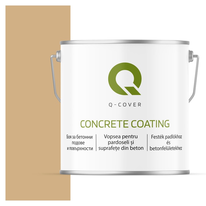 Vopsea pentru pardoseli si suprafete din beton, Q-Cover, Bej RAL 1001, pentru interior si exterior, rezistenta la murdarie, fara miros, fara substante toxice, rezistenta la UV, culori durabile, rezistenta la ulei de motor, finisaj mat, 5L
