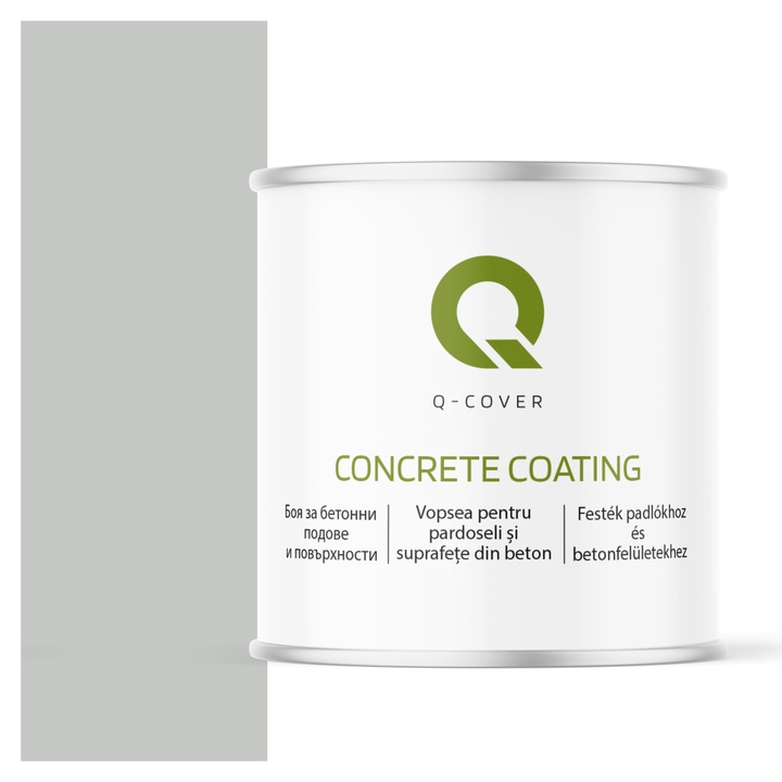 Festék beton padlókra és felületekre, Q-Cover, világosszürke színű, beltéri és kültéri használatra, szennyeződésálló, szagtalan, nem mérgező, UV-álló, tartós színek, motorolajnak ellenálló, matt felület, 2,5 L
