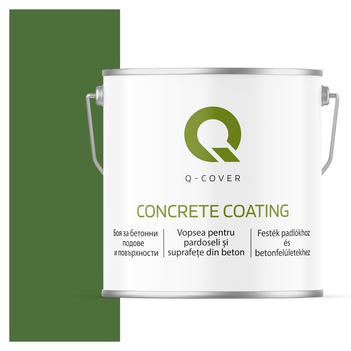 Vopsea pentru pardoseli si suprafete din beton, Q-Cover, Verde RAL 6010, pentru interior si exterior, rezistenta la murdarie, fara miros, fara substante toxice, rezistenta la UV, culori durabile, rezistenta la ulei de motor, finisaj mat, 5L