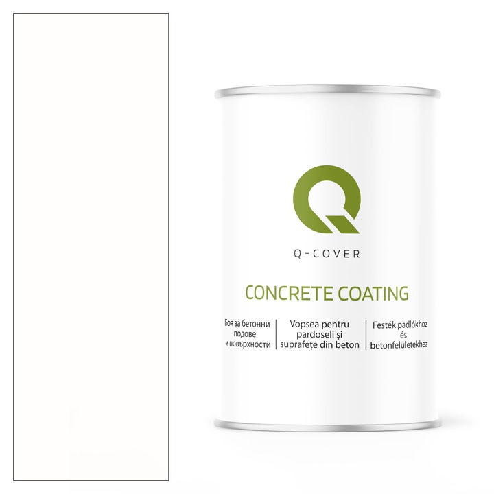 Vopsea pentru pardoseli si suprafete din beton, Q-Cover, Alb RAL 9003, pentru interior si exterior, rezistenta la murdarie, fara miros, fara substante toxice, rezistenta la UV, culori durabile, rezistenta la ulei de motor, finisaj mat, 0.9L