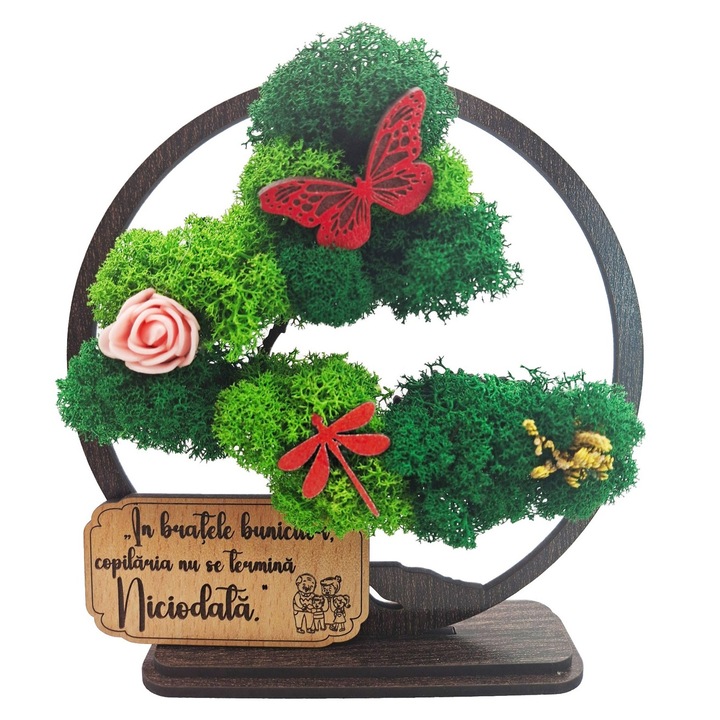 Cadou pentru Bunic – Bonsai cu Licheni Naturali Stabilizati, MDF, 15 cm, Wenge, mesaj In bratele bunicilor copilaria