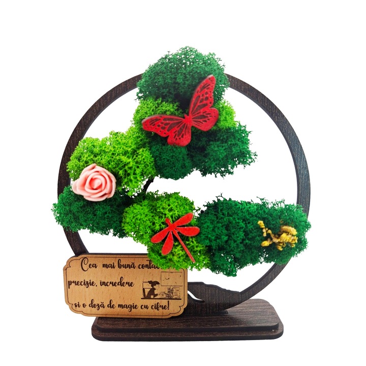 Cadou Special – Bonsai cu Licheni Naturali Stabilizati, MDF, 15 cm, Wenge, mesaj Cea mai buna Contabila