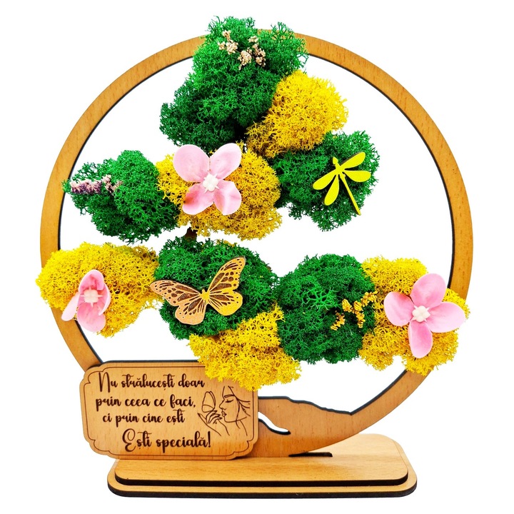 Cadou Special – Bonsai cu Licheni Naturali Stabilizati, MDF, 20 cm, Fag, mesaj Nu stralucesti prin ceea