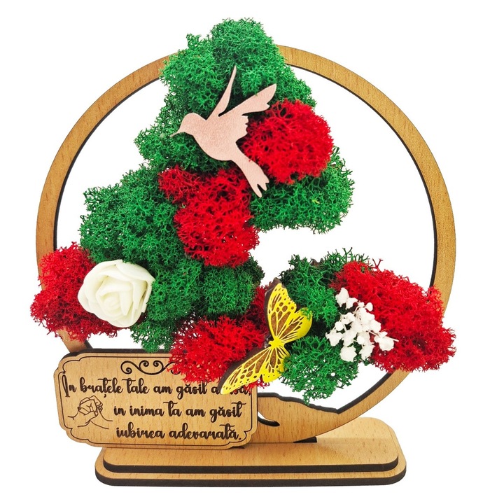 Tablou Decorativ -Bonsai cu Licheni stabilizati si accente decorative - Cu mesaj pentru sot/sotie, iubit/iubita " In bratele tale am gasit acasa, in inima ta am gasit iubirea adevarata . " culoare Bej deschis, dimensiune 15cm