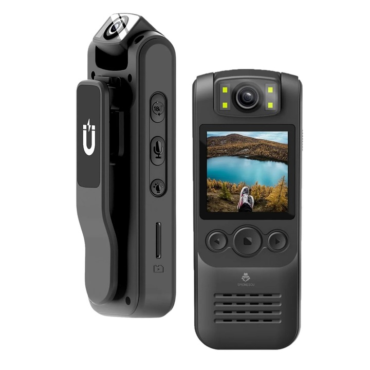 Camera video corporala, Spionescu, 1080P, WiFi HotSpot, baterie 1300 mAh, unghi larg de 180°, lanterna integrata, dimensiuni compacte 9.9 x 2.5 x 3.8 cm, design portabil, inregistrare discreta, negru