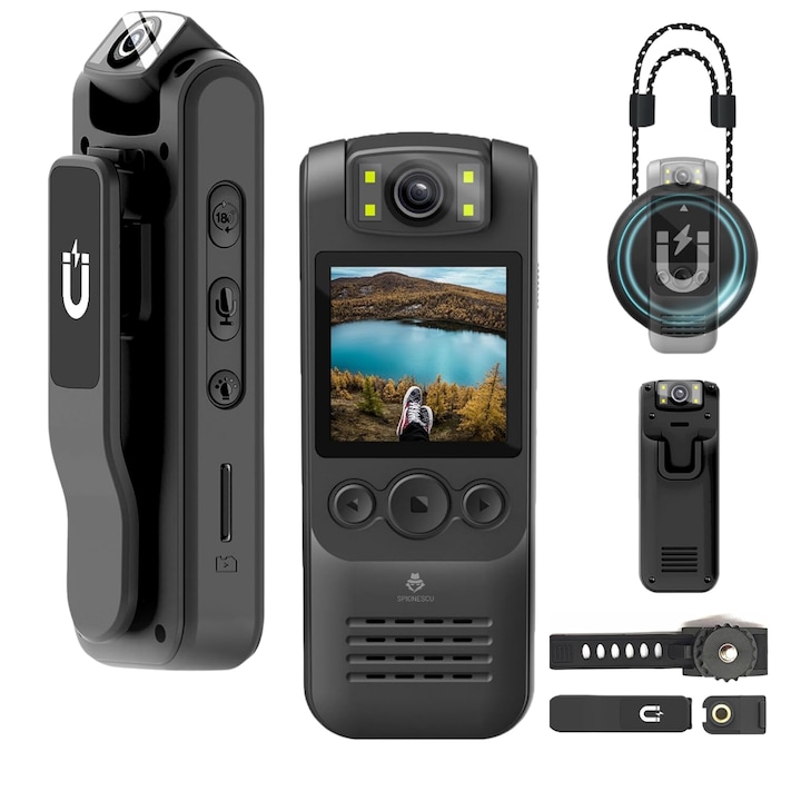 Камера за тяло, Spy, 1080P, WiFi HotSpot, 1300 mAh батерия, 180° широк ъгъл, вградено фенерче, компактни размери 9,9 x 2,5 x 3,8 cm, преносим дизайн, дискретен запис, черен